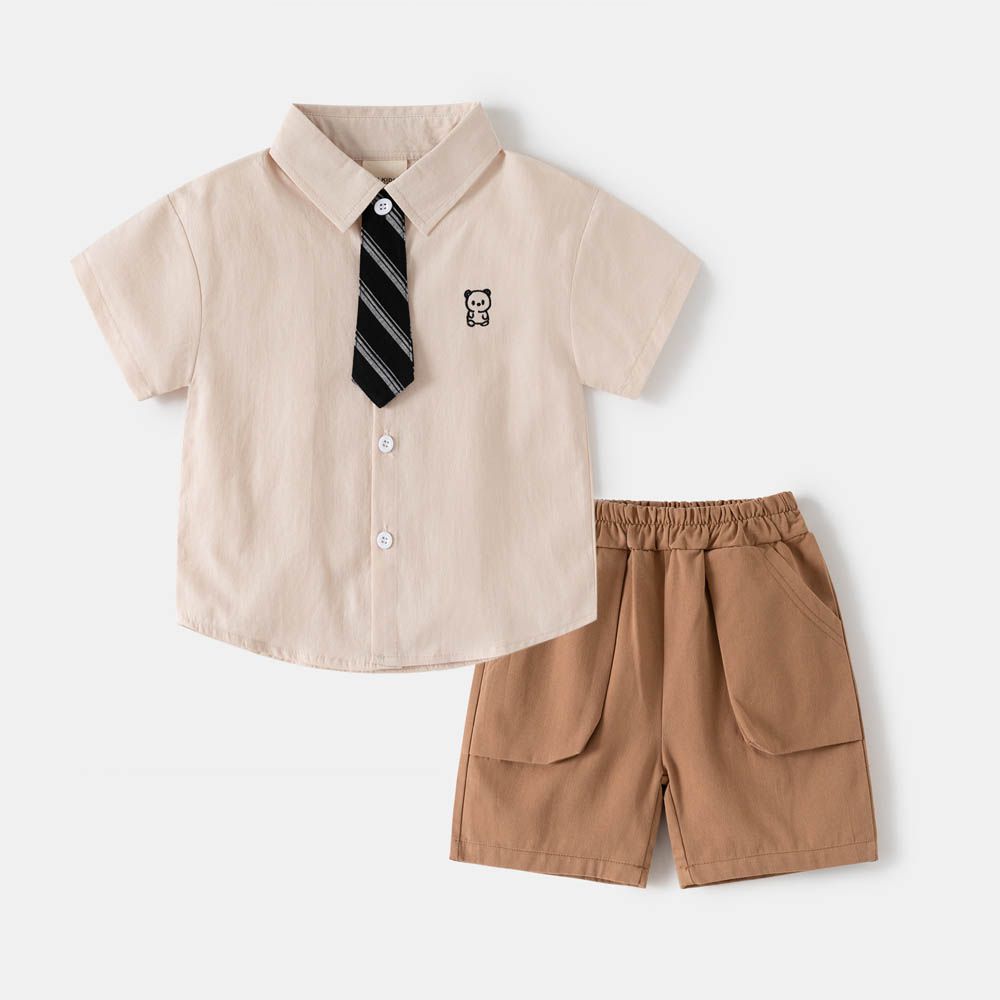 休閒翻領短袖襯衫+五分褲套裝-帥氣領帶-淺棕