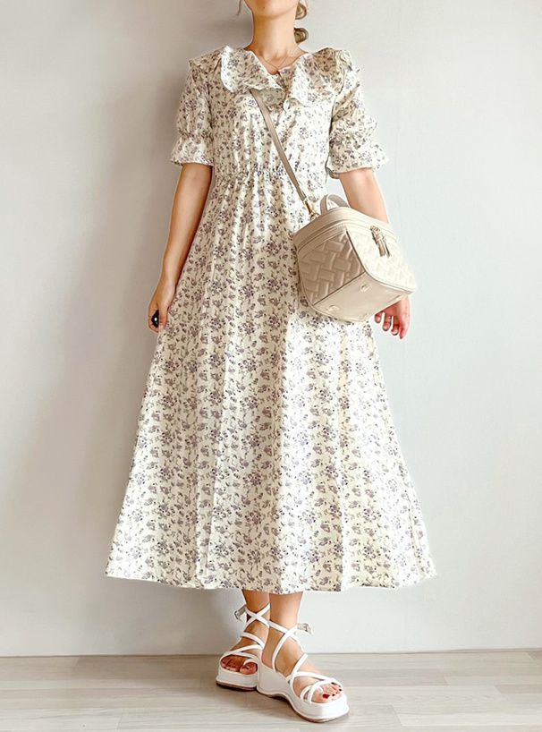 日本 GRL - 浪漫滿屋荷葉袖雪紡碎花洋裝-象牙杏