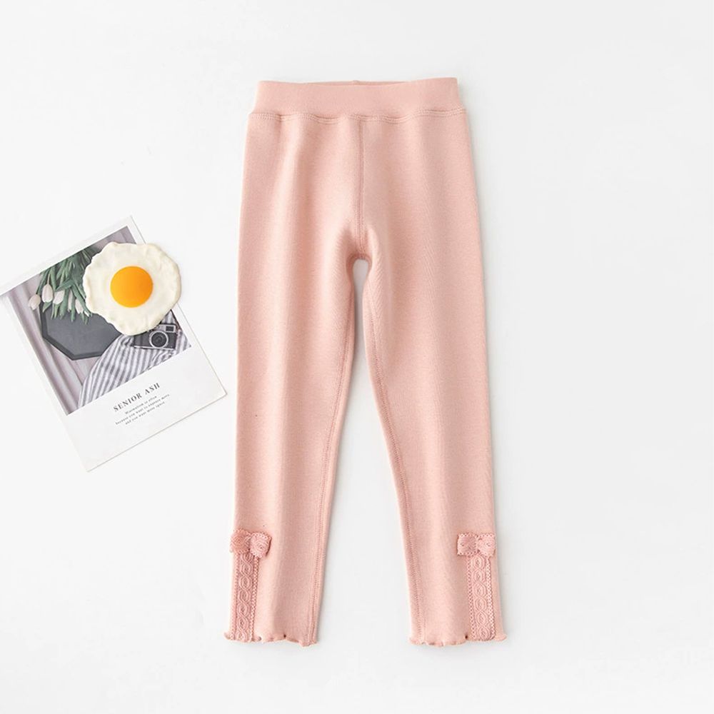 保暖微抓絨內搭褲-蕾絲蝴蝶結-粉色