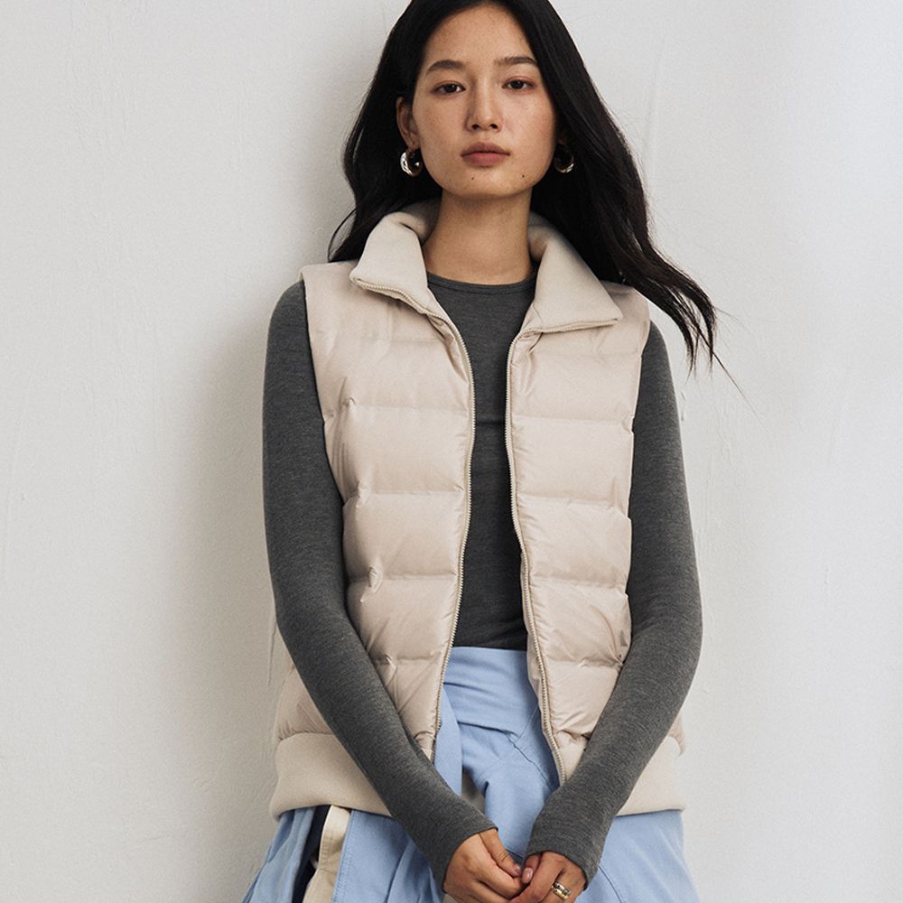 90%羽絨拼接搖粒絨背心-清新米