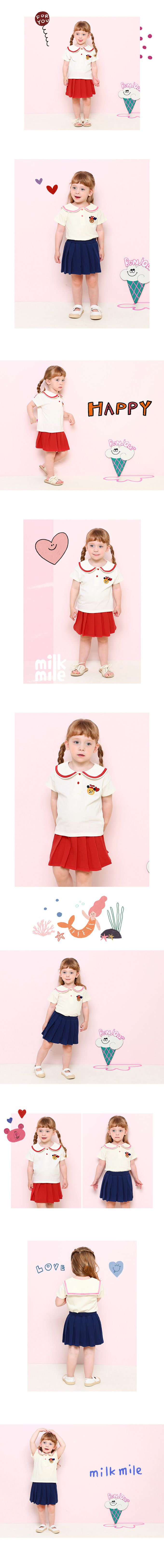 韓國 milk mile - 俏皮小熊印翻領百褶裙套裝-米白X紅