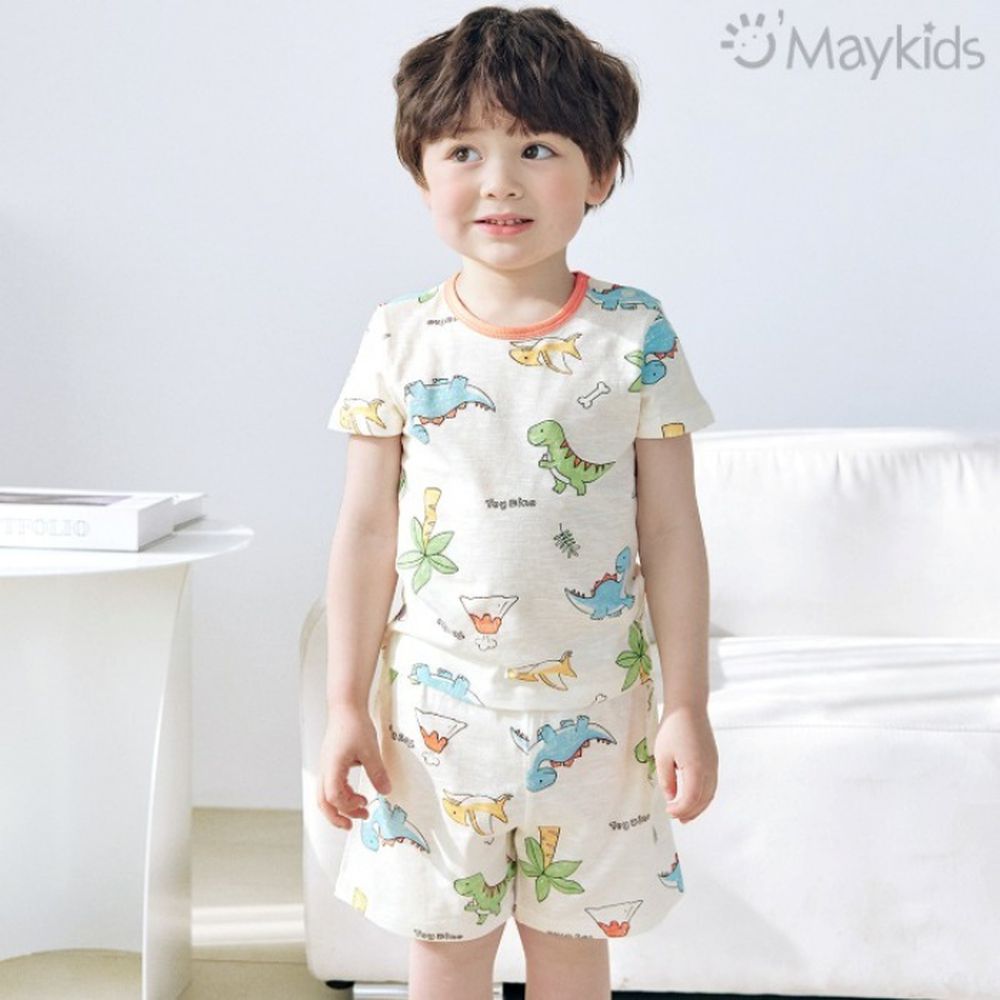 輕薄細柔棉短袖家居服-彩色塗鴉恐龍-淺黃