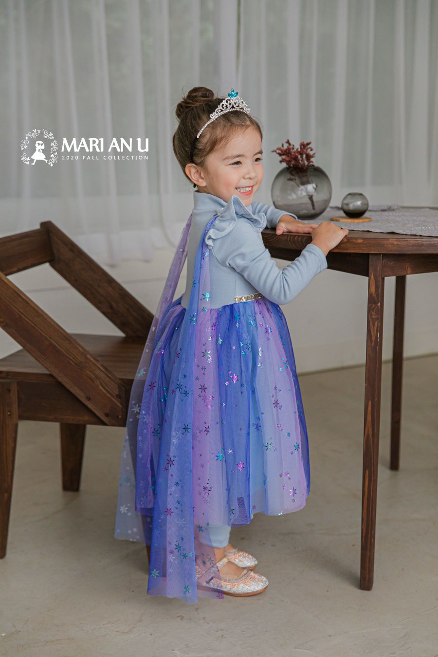 韓國 mari an u - 冰雪女王艾莎洋裝(披風可拆)-冰湖藍