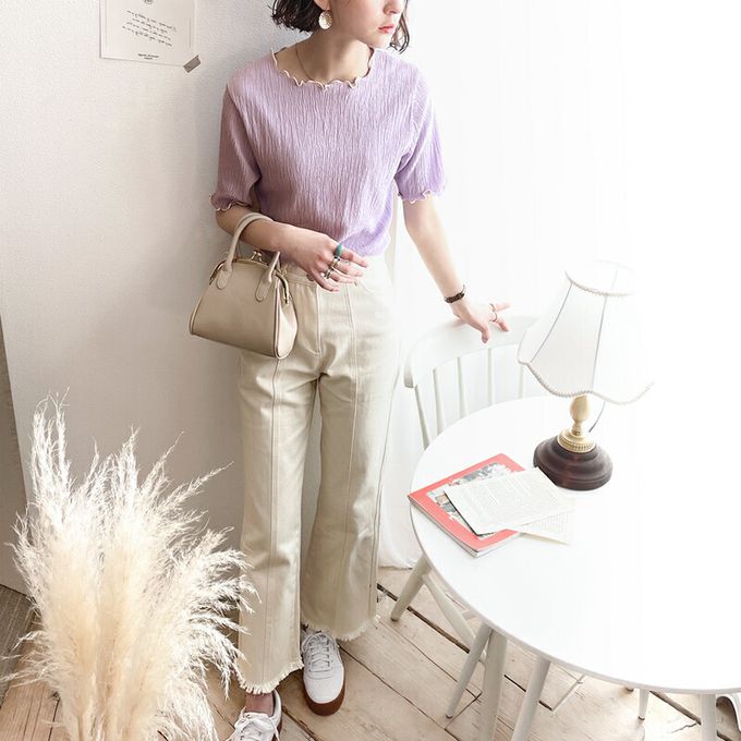 日本 Classical Elf - 氣質紋理木耳邊短袖上衣-米杏