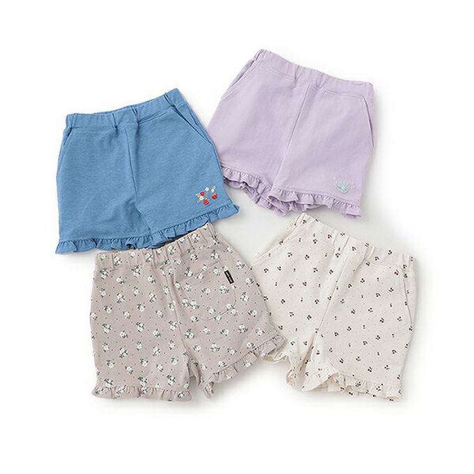 日本 petit main - 可愛荷葉邊短褲-小碎花-卡其棕