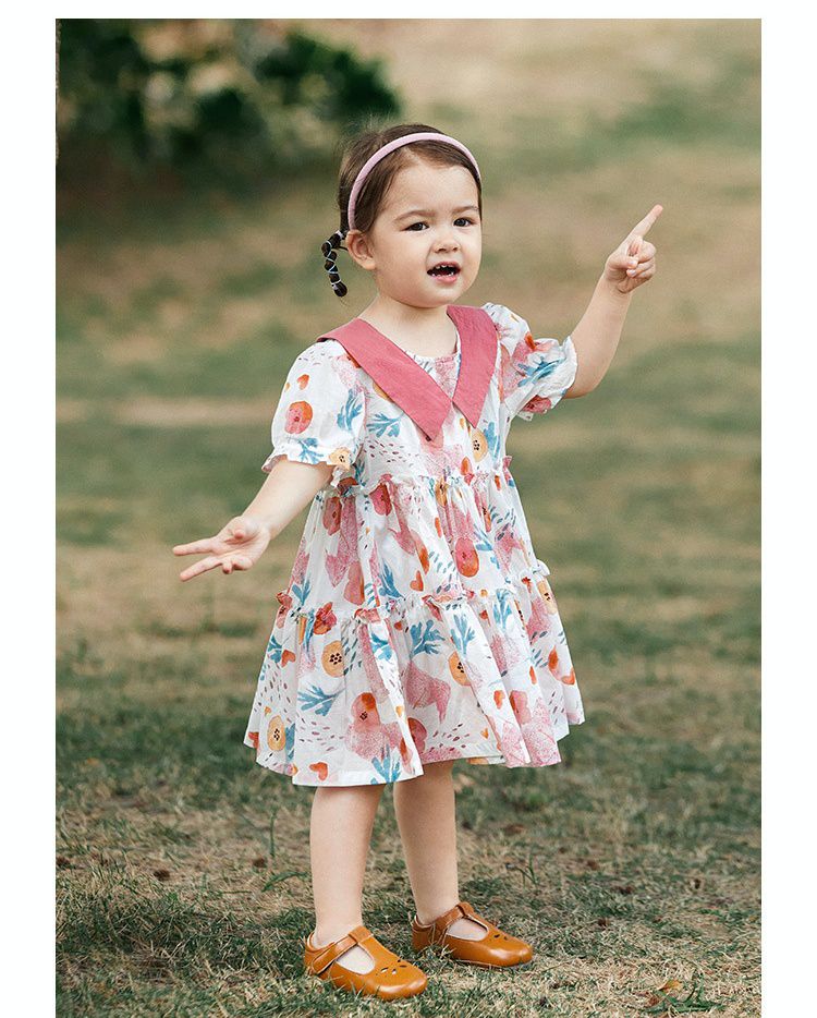 純棉公主袖連身洋裝-繽紛花花-粉+白