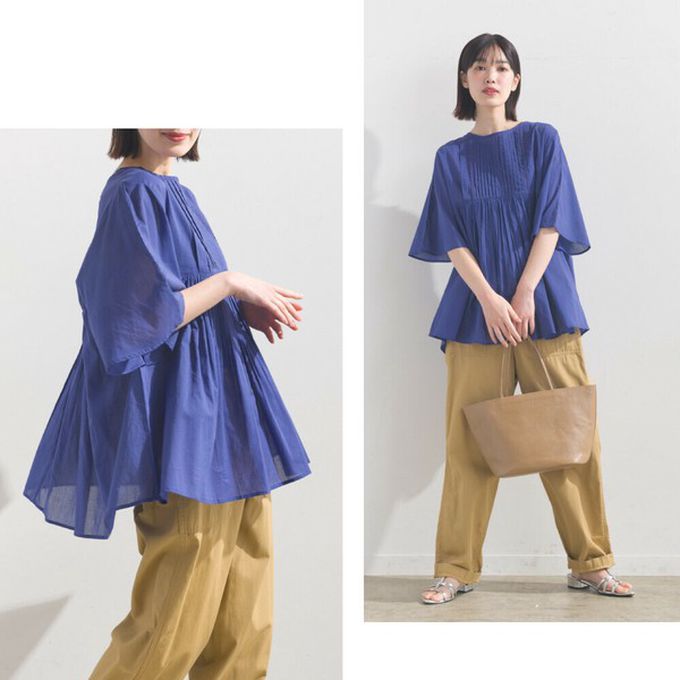 日本 OMNES - 純棉巴里紗柔美皺摺寬袖上衣-寶藍