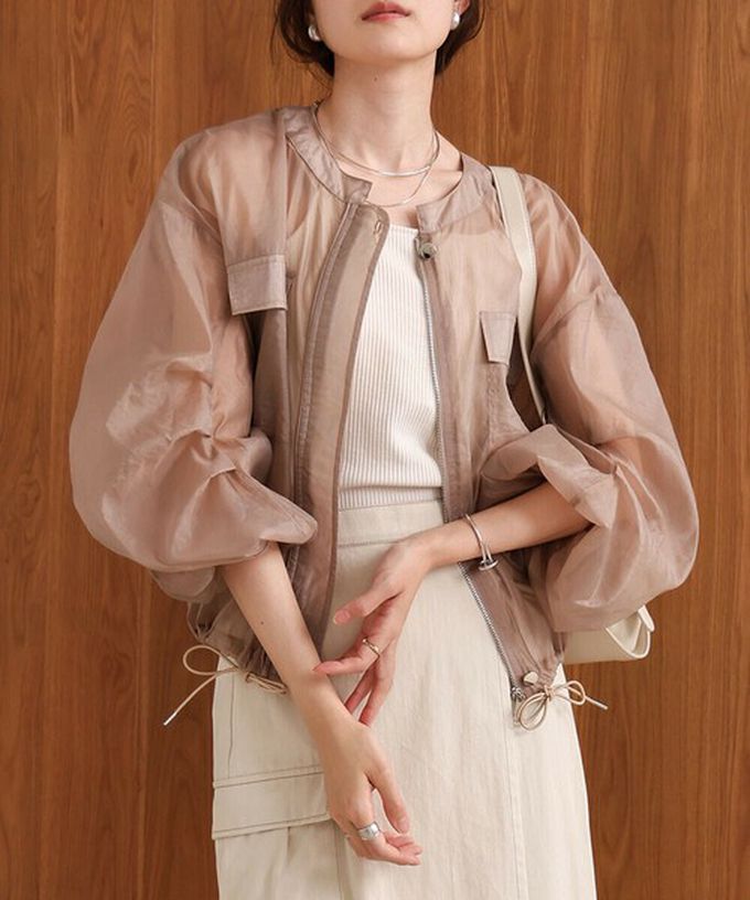 日本 Bab - 優美透膚精緻感抽繩薄外套-卡其棕