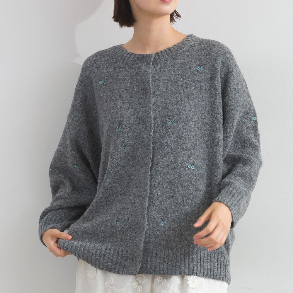 低調小花刺繡圓領開襟針織外套-灰