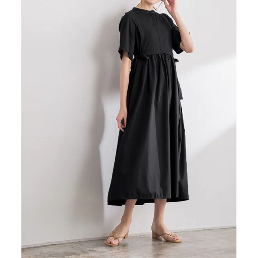 日本 BELLUNA - 森之精靈側綁帶縮腰長洋裝-靜謐黑