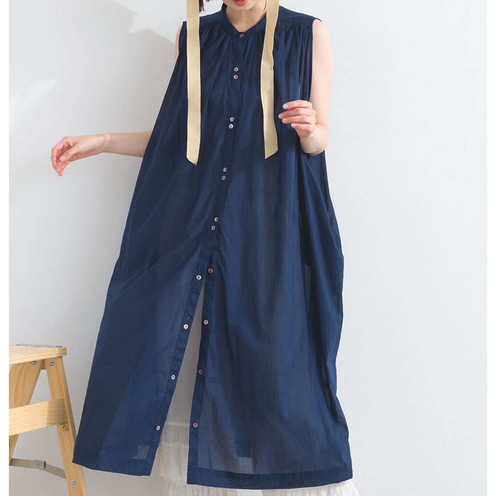 100%印度棉 清爽素色無袖洋裝-海軍藍