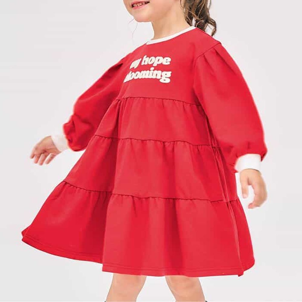 休閒風英文logo分層長袖洋裝-紅