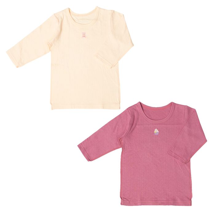 akachan honpo - 長袖圓領上衣2件組-蓬鬆棉 小熊&杯子蛋糕-粉紅色