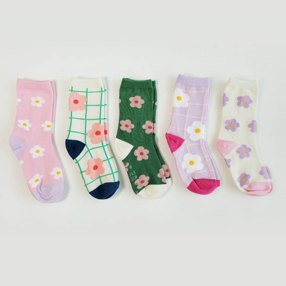 (五入組)韓製兒童中筒襪-細格X圓花