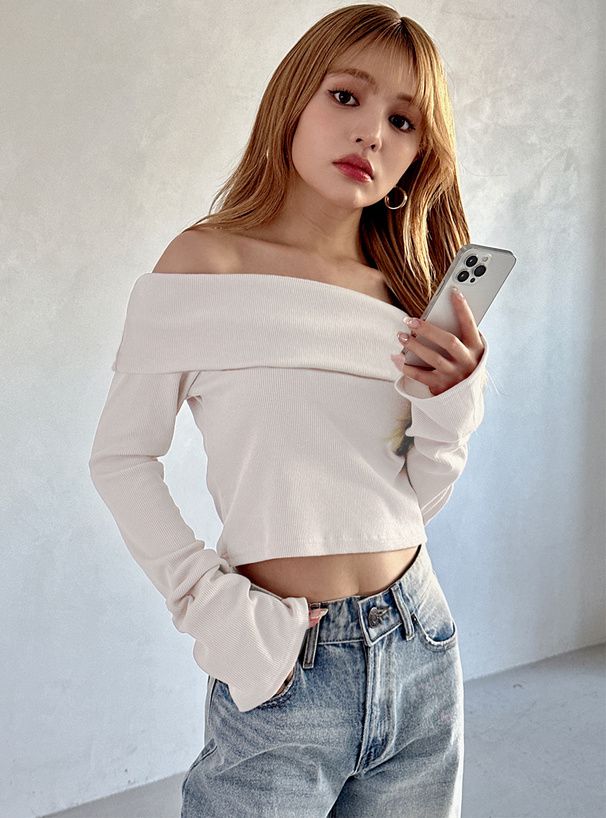 日本 GRL - 平口羅紋彈性長袖上衣-卡其米