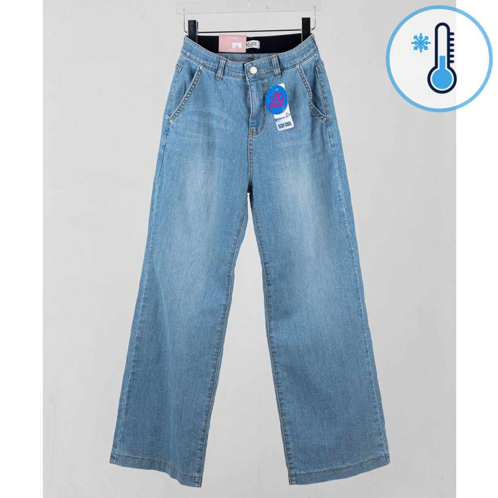 96PLACE -3度涼感鬆緊腰直筒寬褲-淺藍