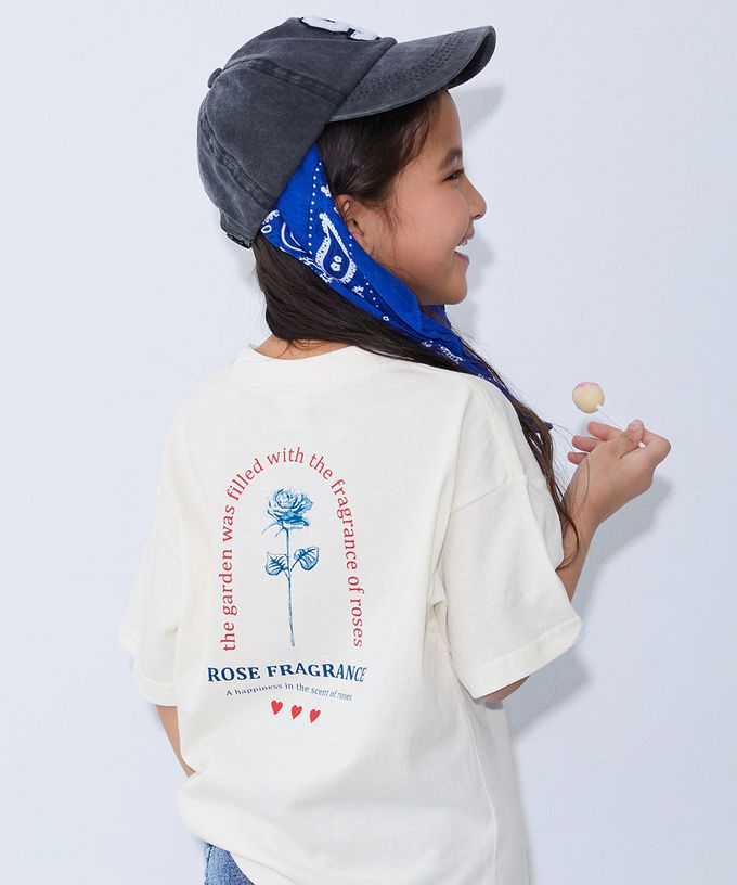 日本 devirock - 100%棉 定番可愛女孩印花短袖上衣-玫瑰-白