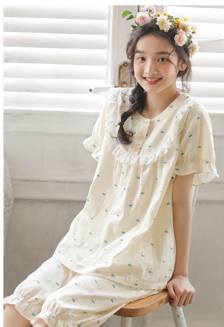 雙層棉紗布透氣家居睡衣套裝-短袖+膝下褲-黃色