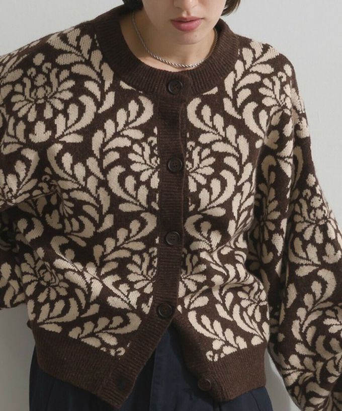 日本 Lupilien - 盛開花卉針織寬袖開襟衫/外套-炭灰