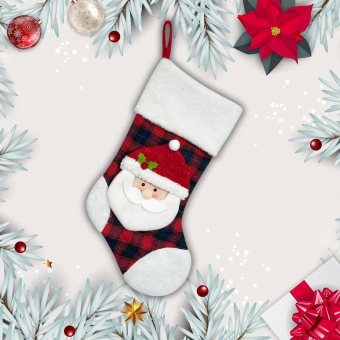 聖誕裝飾品厚磅格子布長毛絨點綴聖誕裝飾襪 - 聖誕老公公 - 獨家贈長耳狗珊瑚絨室內襪
