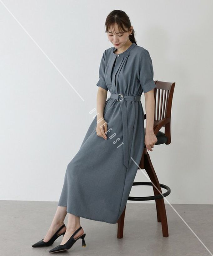 日本 BLUE EAST - 優雅打褶2way領束腰短袖洋裝-摩卡