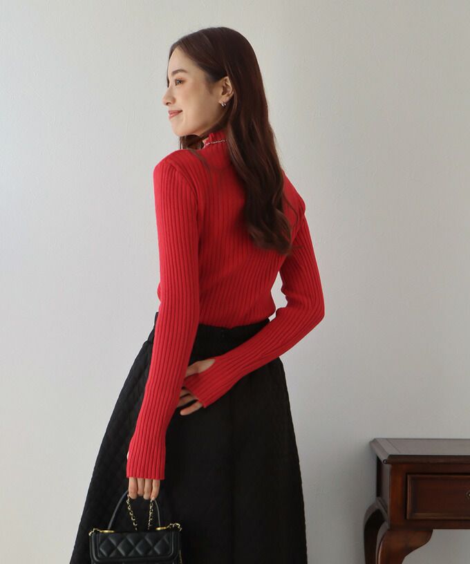 日本 BLUE EAST - 小立領坑條針織上衣-果實紅