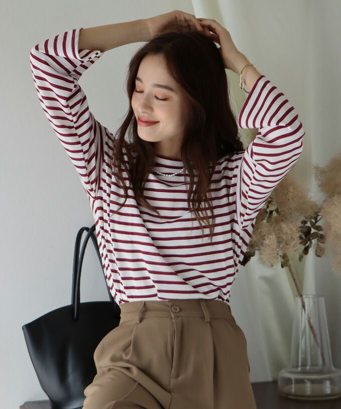 日本 BLUE EAST - 百搭落肩休閒長袖上衣-條紋-軍綠