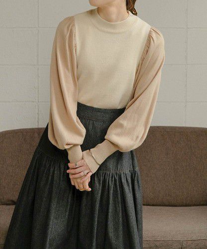 日本 Bou Jeloud - 細針織拼接泡泡袖上衣-淺卡其