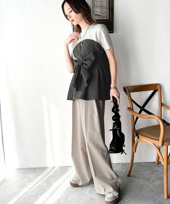 日本 Classical Elf - 時尚顯瘦綁帶拼接風短袖上衣-白x淺灰