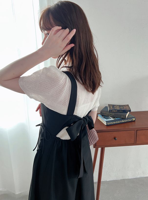 日本 GRL - 絕美氣質蝴蝶結吊帶洋裝-星塵黑