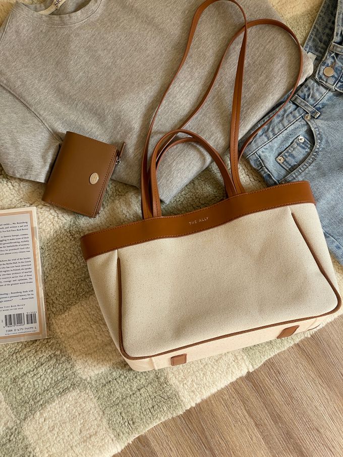 韓國 THEALLY - 經典帆布包手提/肩背包-焦糖咖