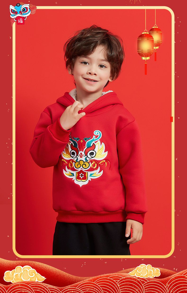 (加絨)喜氣拜年連帽長袖上衣-喜氣金龍-紅色