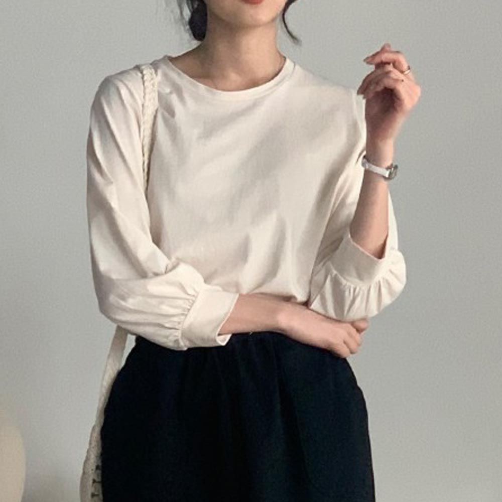韓國女裝連線 - 極簡好搭七分袖上衣-米杏 (FREE)