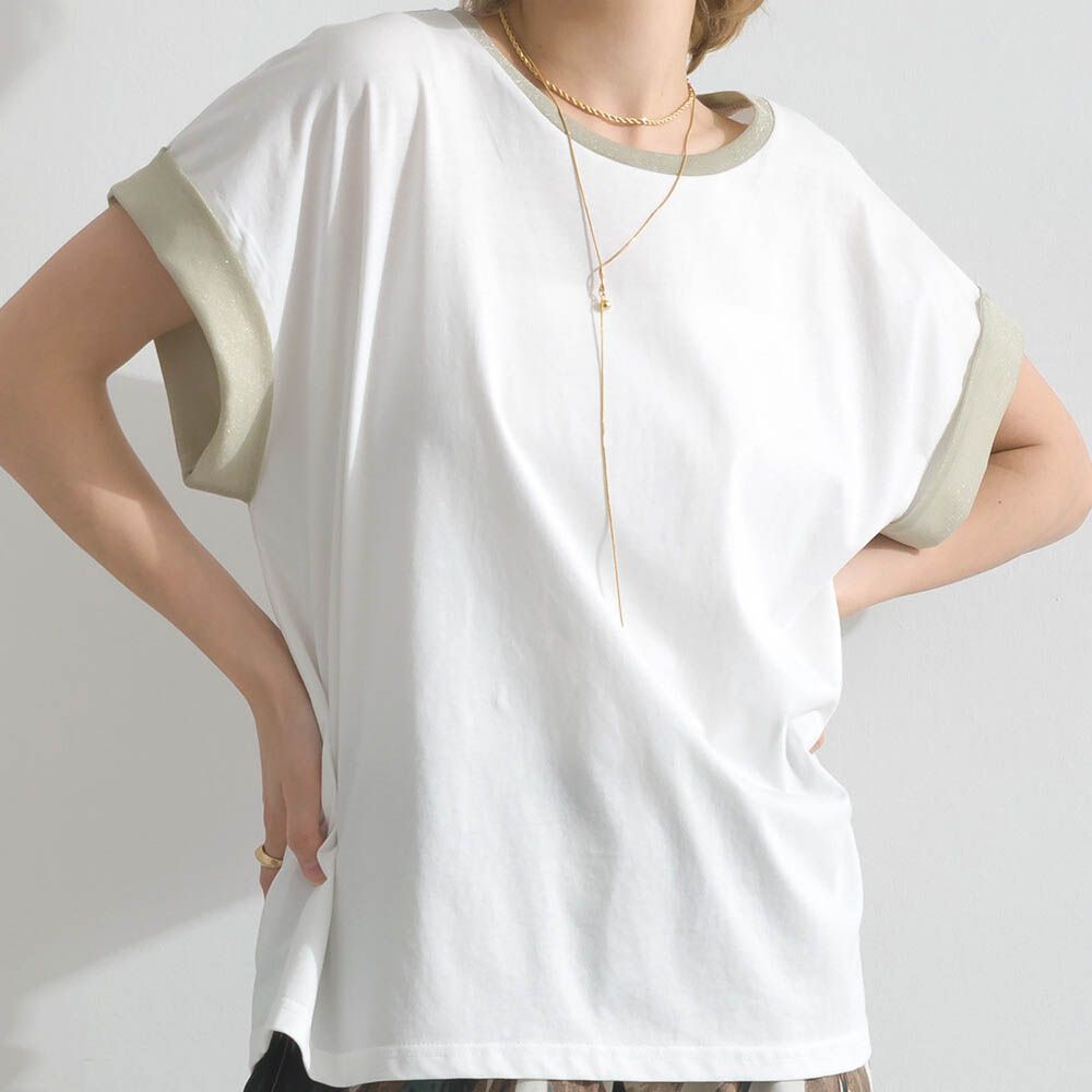 光澤滾邊舒適休閒法式袖上衣-白