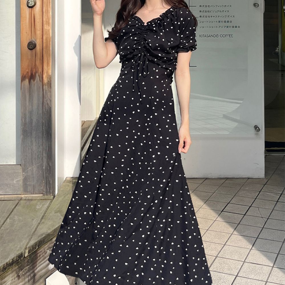 浪漫束胸上衣+細肩帶洋裝(2件組)-心型-黑