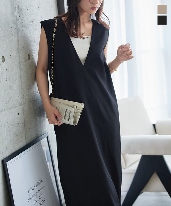 日本 Kobe Lettuce - 俐落精緻深V修長連身洋裝-(可選長度)-卡其