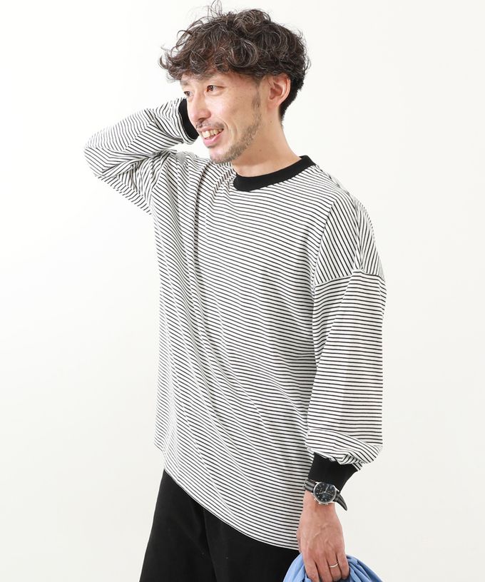 日本 devirock - [大人]100%棉 百搭條紋長袖上衣-莓粉