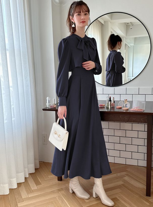 日本 GRL - 2WAY浪漫綁帶收腰洋裝-深藍