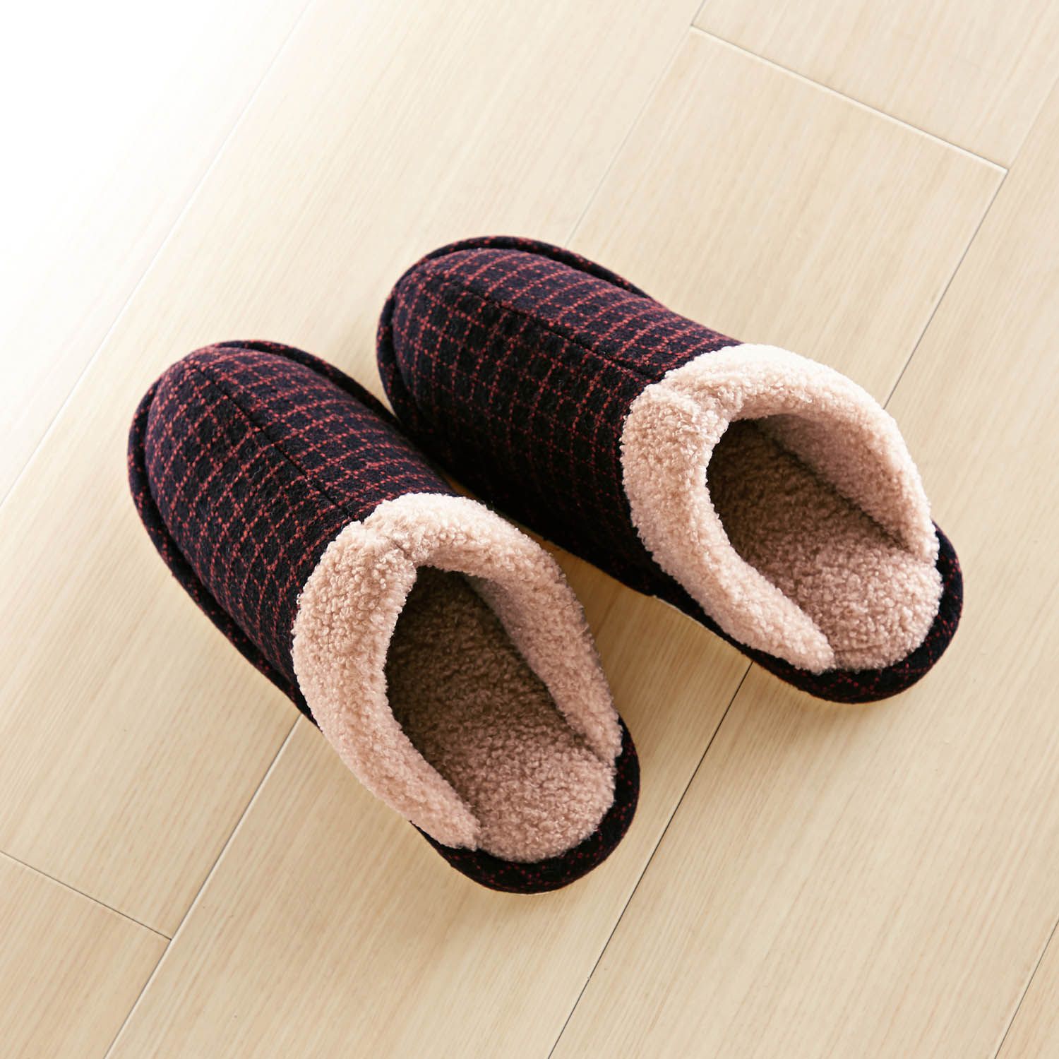 日本千趣會 - 毛絨包覆型室內拖鞋-格子-深藍淺灰