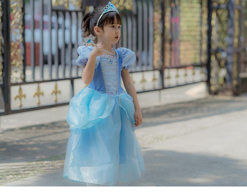 公主寶石裝飾網紗洋裝-藍色