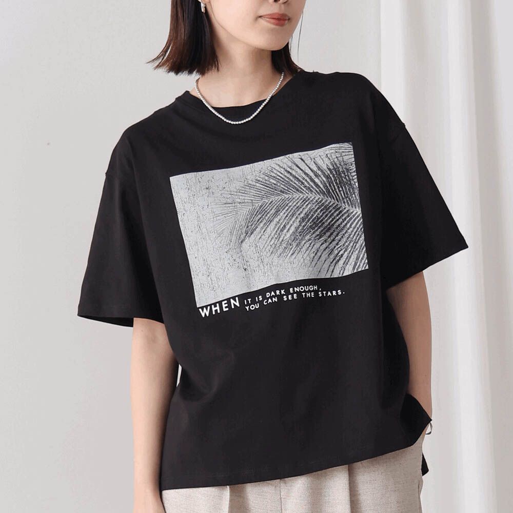 100%棉 清新夏日樹葉印花T恤-黑