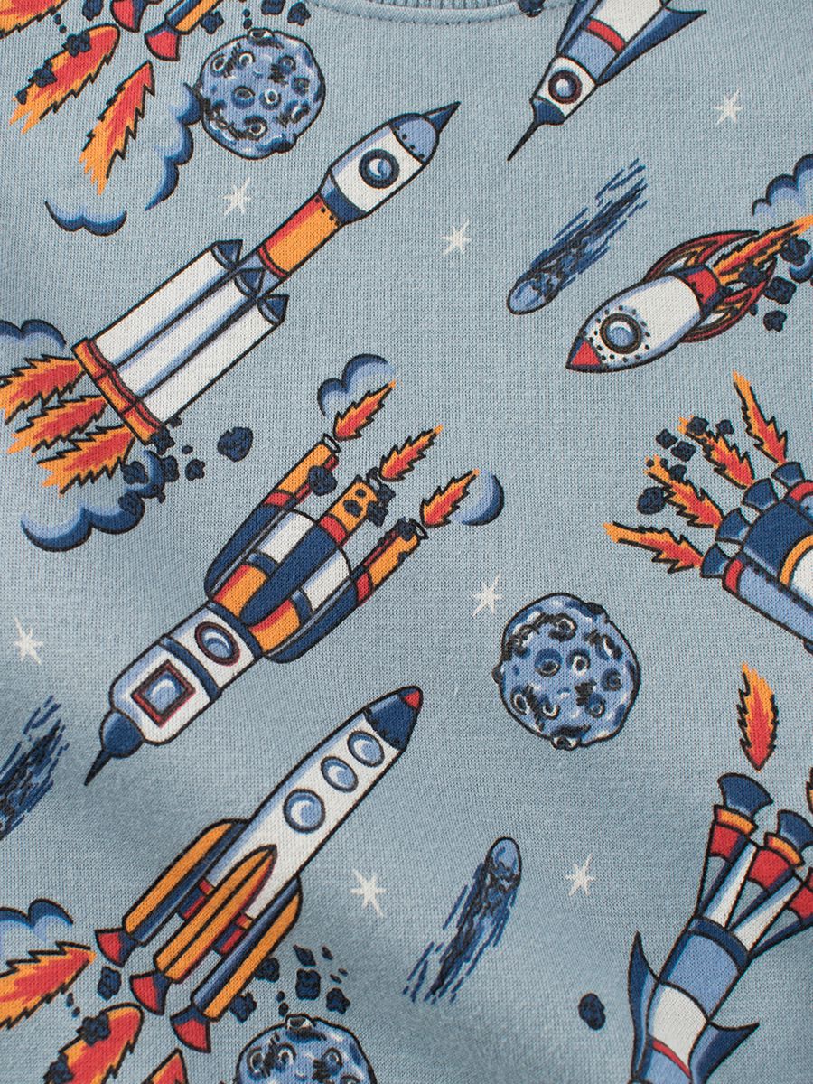 加絨棉質圓領長袖上衣/大學T-飛天火箭-藍灰色