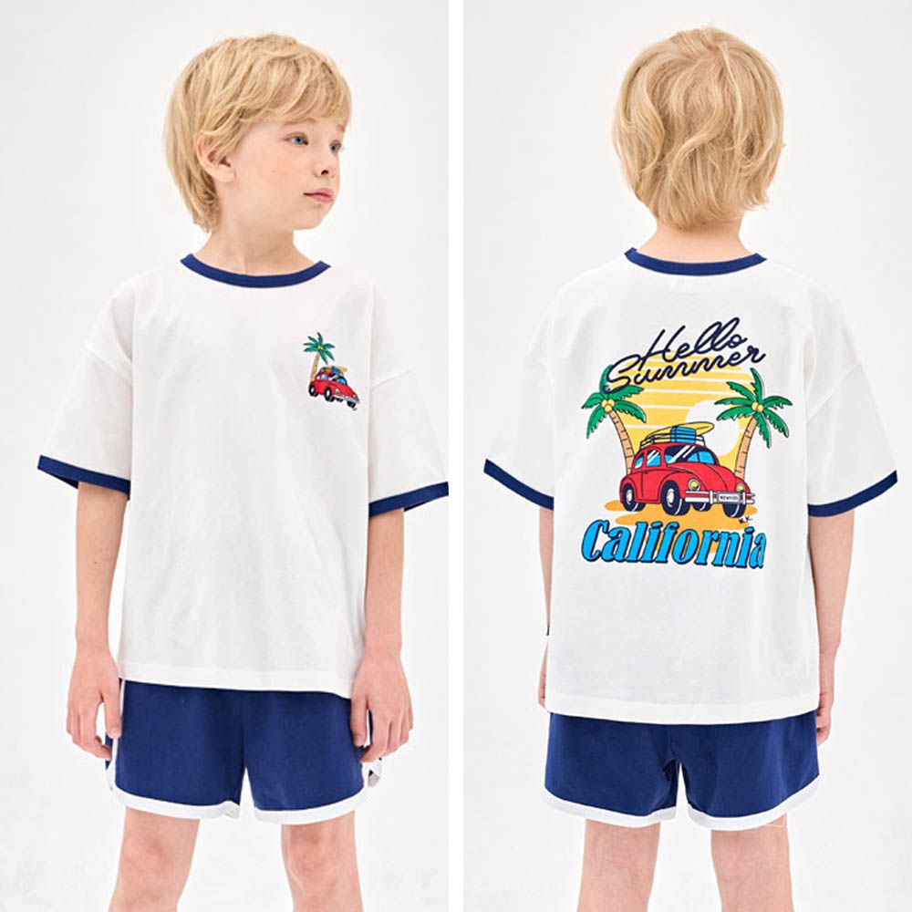 夕陽露營車印短袖套裝-白X深藍