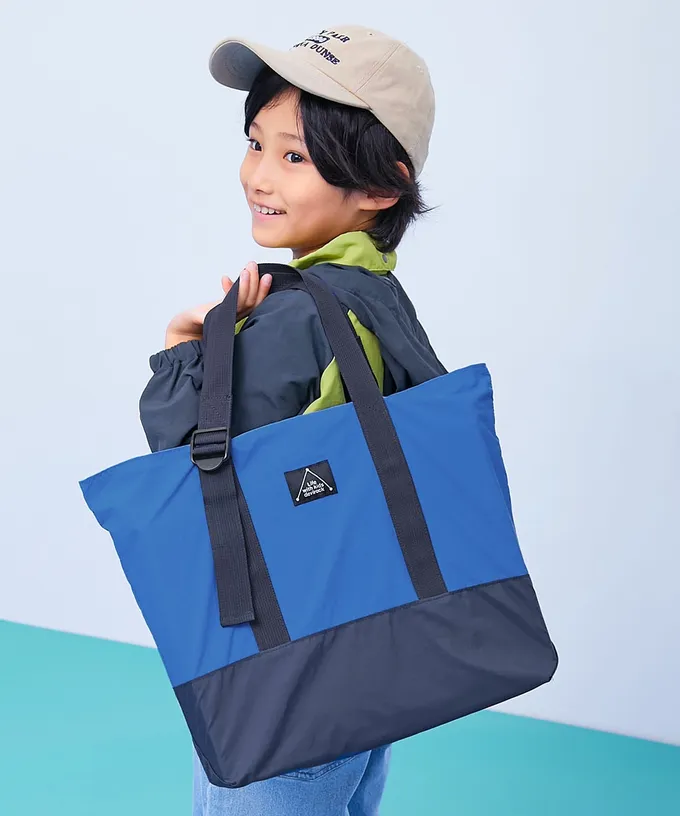 日本 devirock - 撞色輕量大方肩背上學提袋(背帶可調)-灰藍x可可 (33x42cm)