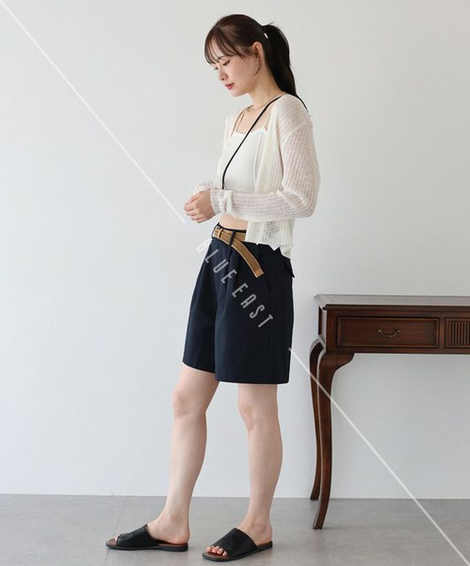 日本 BLUE EAST - 海軍風打褶休閒短褲(附腰帶)-海軍藍