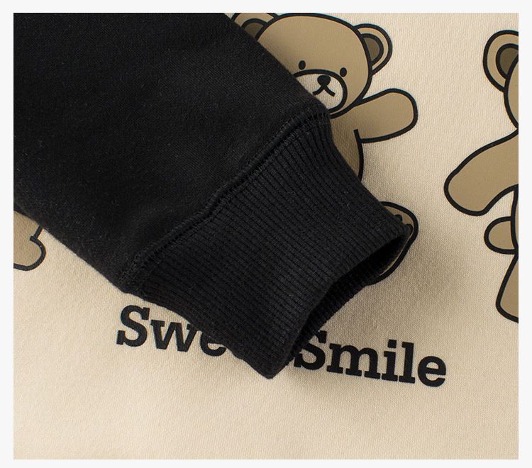 (大童)加絨圓領長袖上衣/大學T-熊熊散步-黑+杏