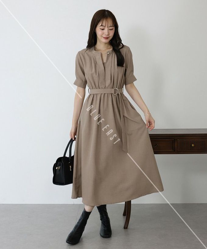 日本 BLUE EAST - 優雅打褶2way領束腰短袖洋裝-灰藍