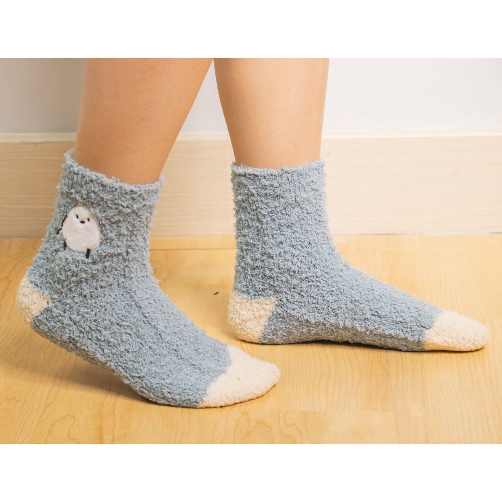 日本 friendshill - 可愛刺繡柔軟針織保暖長襪-可愛文鳥-水藍 (22-25cm)