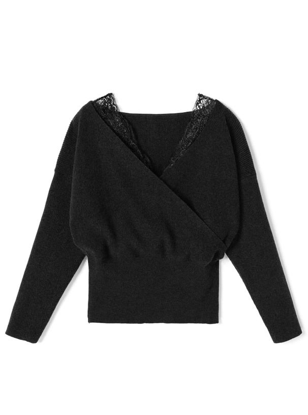 日本 GRL - 蕾絲V領縮腰針織上衣-可可棕