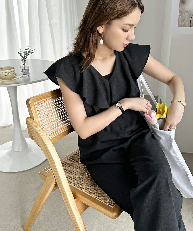 日本 Classical Elf - 浪漫荷葉V領無袖連身褲-摩卡